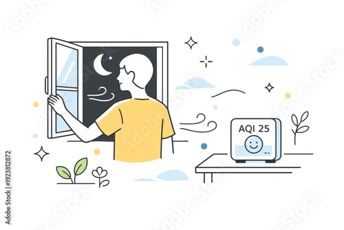 Evening ventilation routine. A person opens windows while glancing at a small air quality device, subtle abstract shapes and floating dots emphasizing calm,
