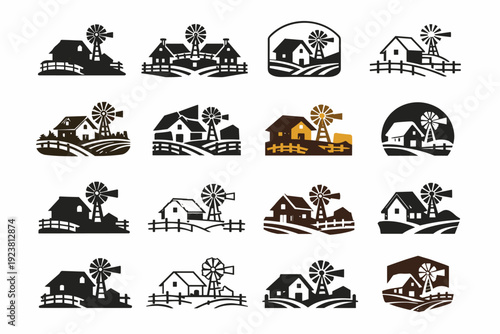 A rustic farmhouse with a windmill in the distance. Icon set. Set Logo of A rustic farmhouse with a windmill in the distance: rustic roof,