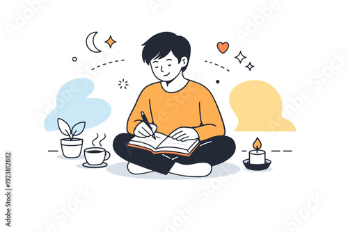 Daily reflection. A person quietly writes a few notes in a journal, sitting in a calm and uncluttered space. The scene conveys mindfulness, self-awareness, and