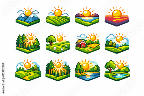 Nature's Radiant Icons. Nature Sunshine. Colorful isometric vector icons set of Nature Sunshine: sun over mountains, sun above field, sunrise landscape, sunset