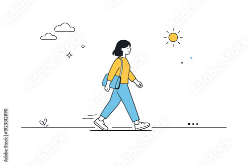 Single person in wide frame. One person walking across a broad sidewalk, lots of negative space around them. A calm everyday moment focused