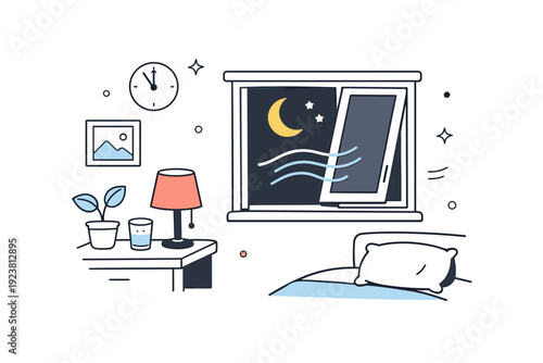 Private night ventilation. A bedroom or living room wall with a window opened just a little, darkness outside. Sense of comfort, privacy, and quiet nighttime