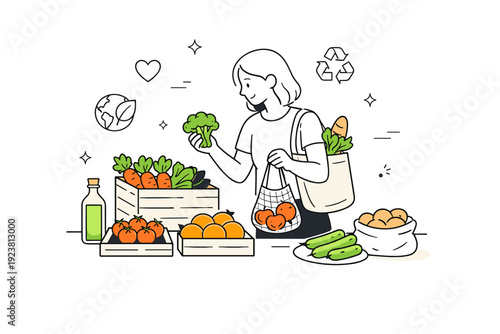 Sustainable food choices. A shopper selecting fresh fruits and vegetables at a market stall with reusable bags. Conscious consumption,