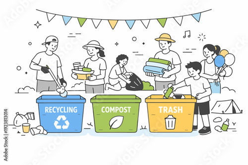 Community-led festival cleanup. Local residents and organizers working together to clean a park venue, placing items into clearly labeled bins. The mood is