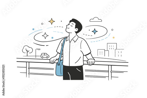 Breathing during city walk. A commuter pauses on a pedestrian bridge for a deep breath, abstract floating stars and lines highlighting presence, awareness, and