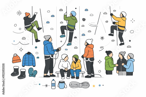 Indoor climbing winter crowds infographic. Abstract climbers on walls with ropes, belay partners, and winter clothing icons, arranged to show space, activity,