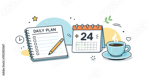 Daily plan notebook, calendar, and coffee cup illustration for productivity and planning