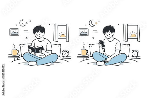Tranquil Morning Routine. Quiet personal mornings. Person reading a book or scrolling gently on a phone while sitting on a bed with natural light. Soft focus