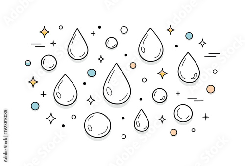 Whimsical water drops and bubbles with sparkling stars and simple geometric shapes