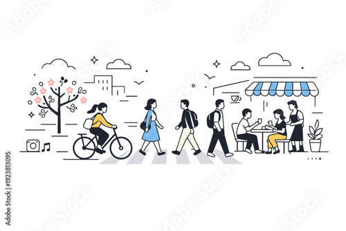 Springtime urban routine. Pedestrians cross a quiet street as cafes reopen outdoor seating and bicycles pass by. Calm city rhythm with trees in bloom and soft