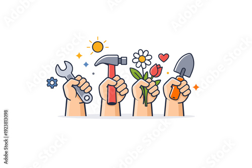 Workers celebration spring positive seasonal tribute centered on raised hands holding simple work tools and flowers, expressing respect,