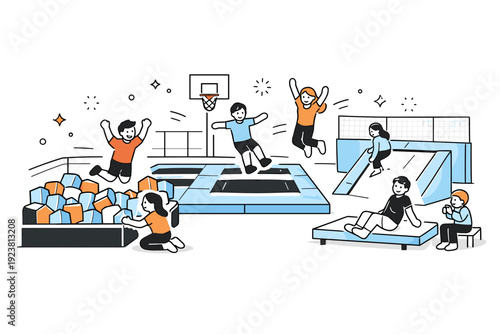 Winter indoor trampoline parks ? Organized trampoline zones inside a park. Clearly separated jumping areas, foam pits, and safety padding, calm order within