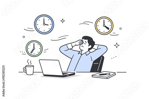 Late afternoon productivity dips. A tired office worker leans back in a chair, rubbing eyes while a laptop screen glows softly. Calm scene of