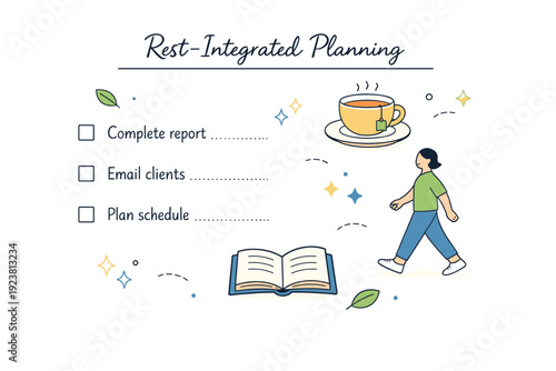 rest-integrated planning. A planner page featuring tasks next to icons of tea, walking, and reading, small floating stars and leaves symbolizing gentle balance
