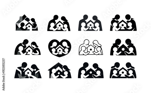 Diverse family icons representing home, unity, and protection with children and parents