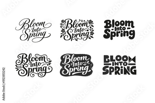Bloom Into Spring. Set lettering. harmonious lettering variations of the same emblematic concept, each with different artistic interpretation