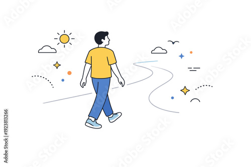 Walking without destination. A single person strolls calmly along an abstract street with no clear endpoint, hands relaxed and posture