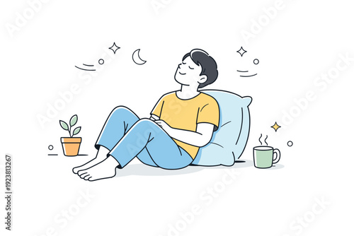 People resting without activity at home. A person sits on the floor or armchair, leaning back, breathing slowly, surrounded by empty space. Feeling of mental
