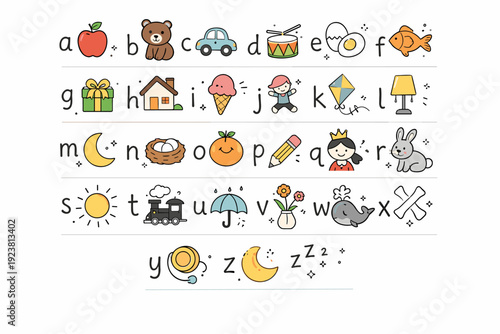 Alphabet Phonics Chart. Alphabet phonics chart. Rows of letters paired with small visual symbols representing sounds. The illustration conveys simplicity,