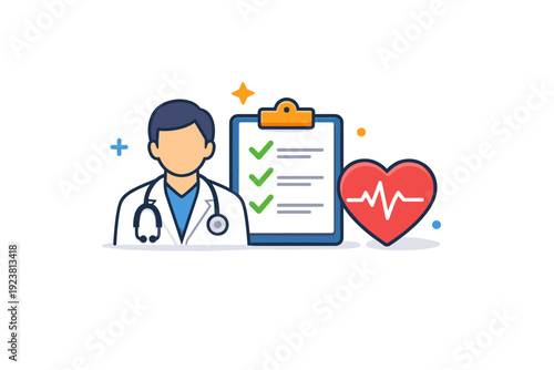 Doctor consultation minimal health advice concept with doctor figure, checklist and heart symbol, representing prevention, guidance and