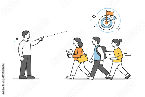 Quiet influence. A leader gently points to a shared goal icon while the team moves forward independently. The mood reflects guidance without