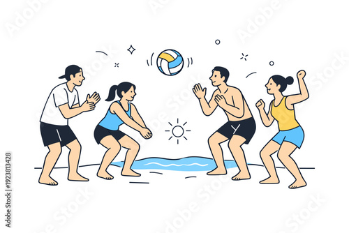 Casual beach volleyball games. A volleyball floating mid-air between players, simple gestures showing anticipation and teamwork. Playful