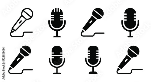 Collection of vintage microphone icons in a black silhouette