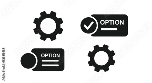 Black icons representing options and gears a graphic silhouette