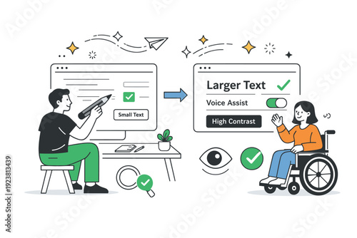 Highlighting accessibility improvements. A designer updates UI elements based on audit feedback, abstract stars and motion lines emphasizing