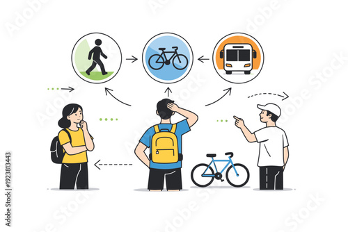 Everyday transportation choices. Individuals selecting between walking, cycling, and transit icons. Friendly editorial scene showing flexibility and personal