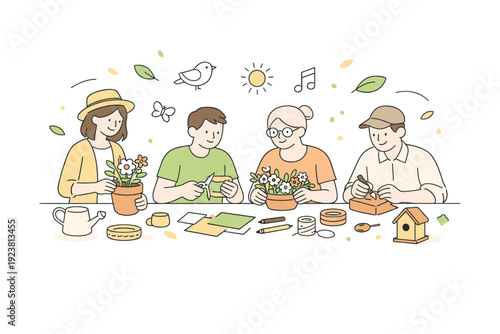 Spring weekend leisure workshops. A calm editorial scene of people gathered around a table outdoors, working with hands-on materials like