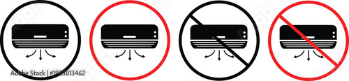 Air Conditioner Allowed and Prohibited Sign Icon Set – AC Cooling System Vector Symbol in Red and Black Circle Isolated on White Background