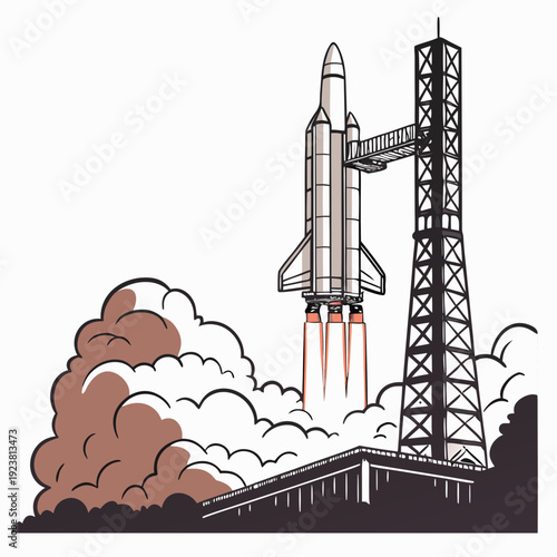 Rocket launching from a tower with smoke and clouds