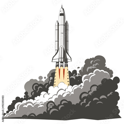 Space shuttle launching with smoke and flames rocket