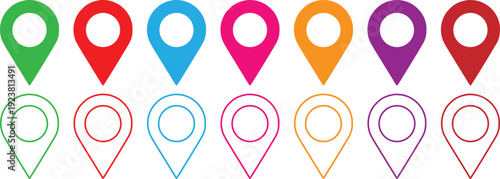 Colorful Map Pin Location Icon Set – GPS Navigation Pointer Flat and Outline Vector Collection