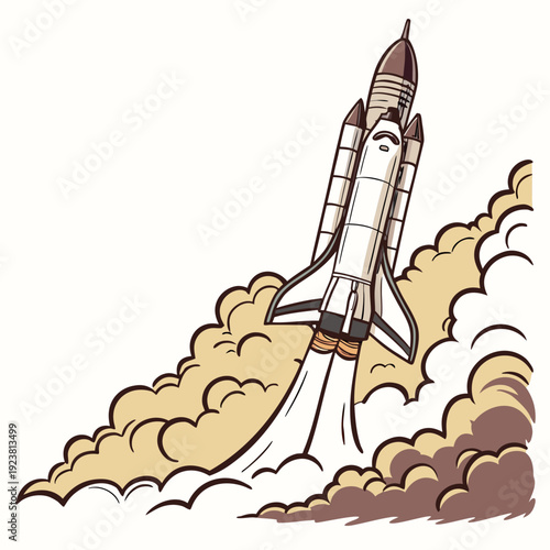 Cartoon style white space shuttle launching with brown and beige smoke