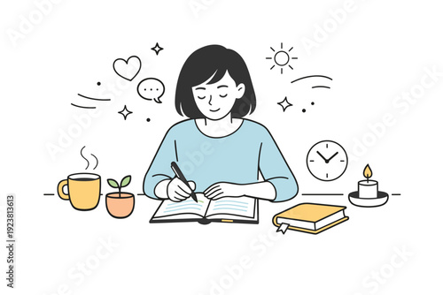 Self care routines. A character journaling or writing notes at a clean desk. Reflection, emotional clarity, and quiet personal time captured