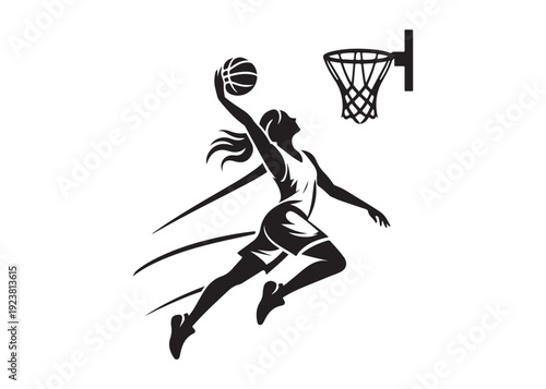 women's basketball dunking logo silhouette vector, basketball logo silhouette vector illustration, sport basketball logo vector, basketball player dunking logo vector silhouette on white background 