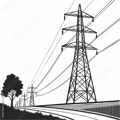 Black and white of voltage power pylon and road power transmission tower
