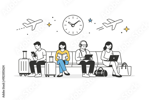 Airport departure lounge. Travelers sitting on benches with luggage, reading or using devices, abstract stars and line icons of planes and clocks floating