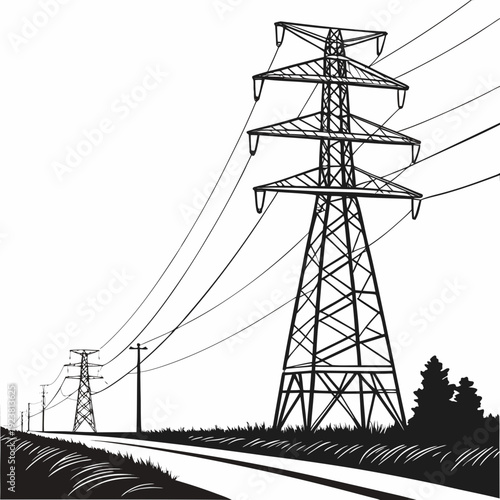 Black and white of voltage power pylon and lines electricity