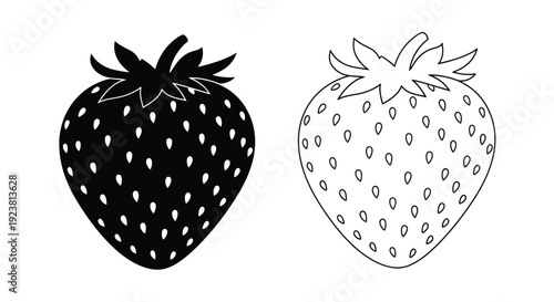 Two strawberry illustrations one a stark black shape silhouette