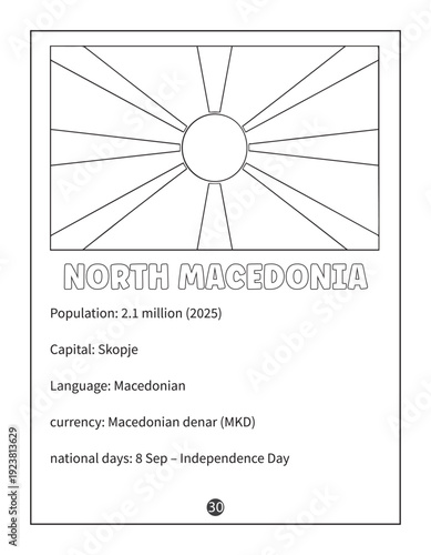 North Macedonia Flag Coloring Page with Country Facts and Information