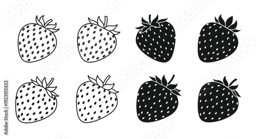 Black and white strawberry illustrations with varying shading a bold silhouette