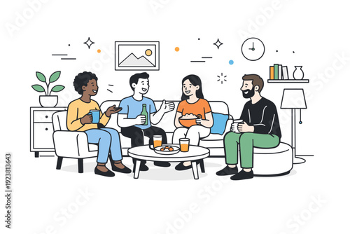 Stylish Social Gathering. Hosting with comfort and style. Friends seated in a well-decorated living space, friendly interaction and balanced interior elements