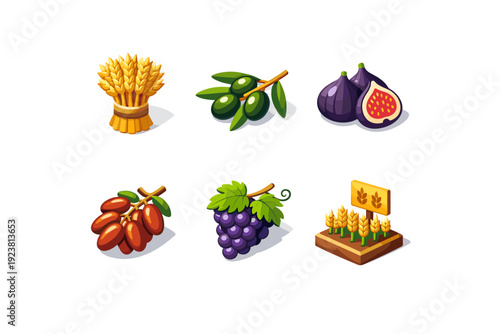 Agricultural bounty. Isometric flat vector icons set of Agricultural bounty: Barley sheaf, Olive branch, Fig fruit, Date palm fruit, Grape