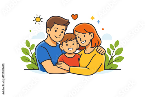 Spring family outdoor portrait smiling parents with a child between them, framed by light greenery and soft sunlight, reflecting trust, comfort, and emotional