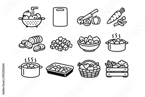 Vegetable Preparation. Line icon set of Vegetable Preparation: washing vegetables, chopping board, knife cutting veggies, peeled carrot, sliced cucumber, diced