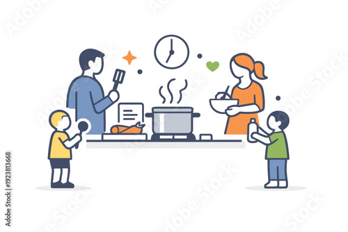 Meal planning and cooking for families joyful dinner preparation scene with a pot on the stove and family silhouettes nearby, expressing