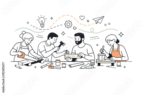 Collaborative workshop session. Multiple makers using handcrafted tools together at tables, subtle motion lines and abstract shapes highlighting teamwork and